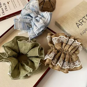 Scrunchie Grande a Volant a Strati per Donna Elastico per Capelli in Tessuto Ricamato con Fiori e Pizzo Accessorio per Capelli Stile Coreano