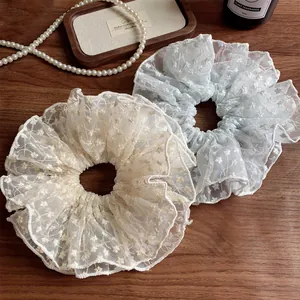 French Retro Floral Lace Mesh Scrunchie For Women Elegant Embroidery Hair Ties Accessories For High Ponytail Bun Styling