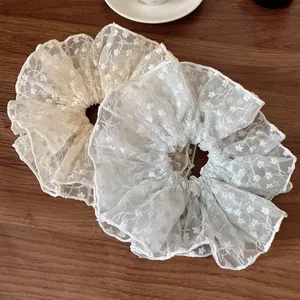 Set of two French vintage lace oversized scrunchies with elegant floral embroidery
