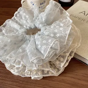 French retro oversized organza scrunchie with white daisy embroidery in light blue and beige