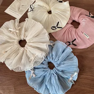 Balletcore Pleated Fabric Hair Scrunchies With Faux Artificial Pearl Ribbon Bow Elegant Sweet Hair Ties For Women Girls Daily Accessory