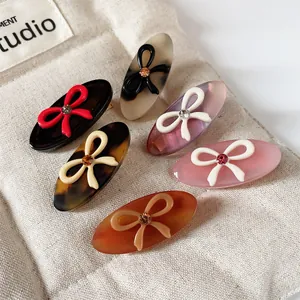 Korean Retro Cellulose Acetate Oval Hair Clip Sweet Bow Rhinestone Duckbill Side Clip Fashion Hair Accessories For Women