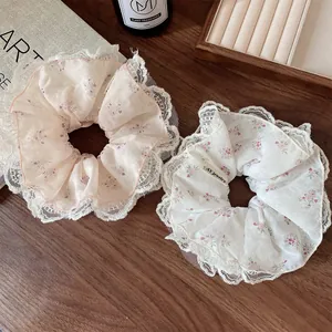 Coleteros Grandes con Estampado Floral y Borde de Encaje Gasa Gomas para el Pelo Estilo Coreano Accesorios para el Cabello
