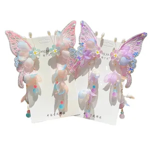 Chinese style butterfly hair clips with long tassels and beads for girls' traditional Hanfu