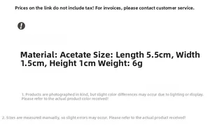 Detailed technical specifications for acetate hair clip showing dimensions and material weight