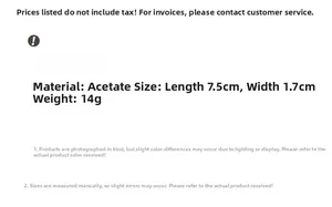 Detail showing acetate hair clip specifications, dimensions 7.5x1.7cm and 14g weight