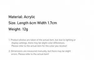 Größe und Gewicht für Acryl-Haarspangen: 6 cm Länge, 1,7 cm Breite, Gewicht 12 Gramm