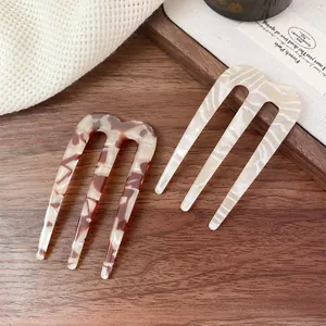 Fourche à Cheveux en Acétate Forme M Rétro Français Peigne à 3 Dents pour Femmes Motif Écaille de Tortue Marbre Accessoire de Coiffure