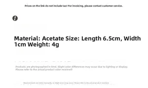 Detailed acetate hair clip specifications showing size 6.5cm length and weight 4g
