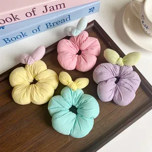 Sweet Korean Style 3D Flower Scrunchie For Girls Women Macaron Color Fabric Hair Tie With Bowknot Rabbit Ears Soft Elastic Ponytail Holder