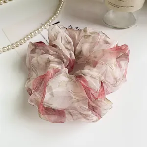 French floral organza hair scrunchie with pink rose print and elegant double-layer design