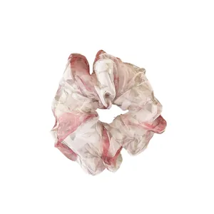 Floral organza scrunchie with pink rose print for elegant hair styling for women