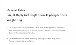 Detailed fabric bow hair clip specifications with dimensions 16cm bow and 8.5cm clip