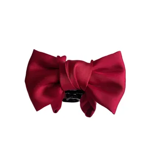 Classic wine red satin bow hair claw clip with large ribbon design for women