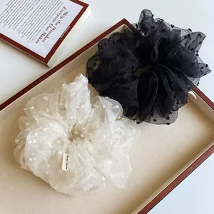 Lot de chouchous élégants en organza à pois noirs et blancs avec étiquette fait main