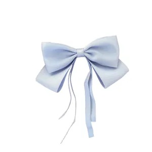 Baby blue satin bow hair clip with long ribbons for elegant ponytail styling