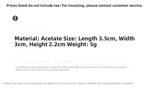 Detail showing acetate hair clip specifications: 3.5cm x 3cm x 2.2cm, weight 5 grams