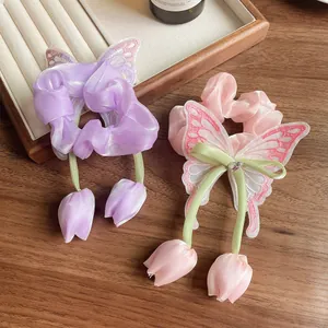 Chouchou élégant en organza papillon pour filles avec charms tulipes et broderie fine