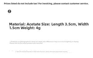 Specifications for acetate hair clip showing size 3.5cm by 1.5cm and 4g weight detail