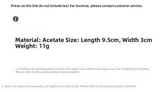 Detail specifications for acetate bow clip: length 9.5cm, width 3cm, weight 11g