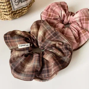 Vintage plaid scrunchies in dark brown and pink checkers, set of two hair accessories