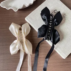 Grande Pince à Cheveux Nœud en Satin Avec Longs Rubans Style Coréen Doux Élégant Pince Banane Pour Femmes Accessoires
