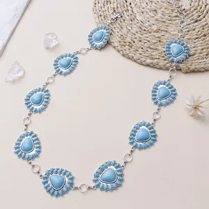 Vintage Bohemian Turquoise Metal Waist Chain Belt For Women Heart Shaped Flower Pendant Ethnic Style Body Chain Jewelry