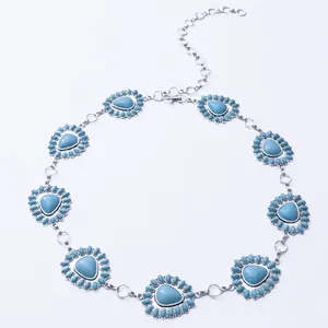 Bohemian turquoise heart metal waist chain belt with vintage silver link adjustable design