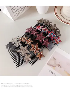 Close-up of five colorful star rhinestone hair combs with non-slip teeth for styling