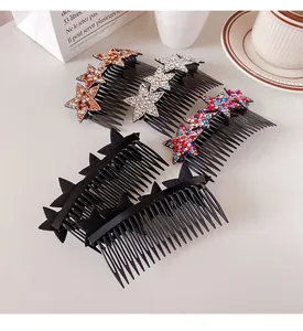 Detail of five-piece star hair combs with rhinestones and matte black finish