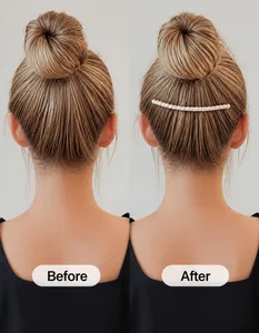 Detail showing artificial pearls hair comb before and after tidying messy hair