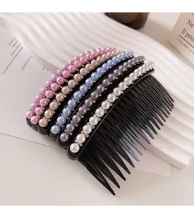Detailed view of 5-piece pearl hair comb set with colorful rhinestones and non-slip teeth