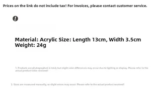 Specifications of the acrylic headband detailing material weight and 13cm x 3.5cm size