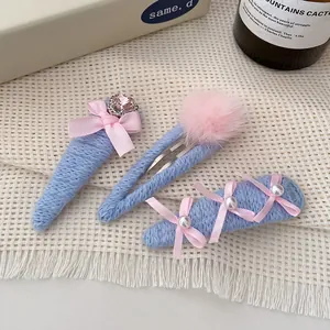 3-piece sweet hair clip set with blue knit bows and pink floral pearls for girls