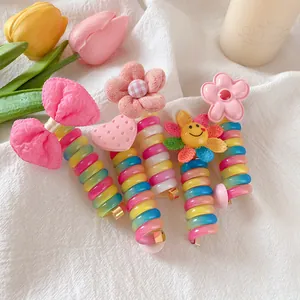 5er-Set regenbogenfarbene Spiralhaargummis mit süßen Stoffschleifen und Blumenanhängern