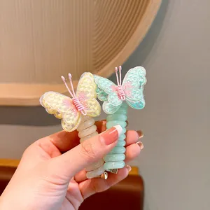 Regenbogen-Spiral-Haargummi mit elegantem gesticktem Schmetterling für Mädchen