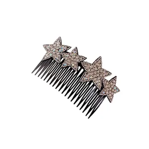 Black hair comb with four crystal star ornaments in a minimalist Korean style