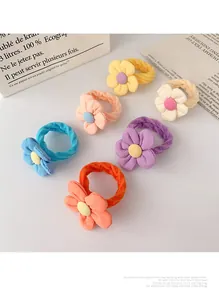 Set of six colorful flower elastic hair ties in pastel macaron colors for girls
