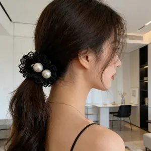 Elegant 5-piece set of black lace hair ties with large white pearls for a chic look