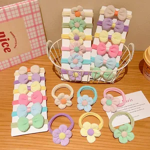 Macaron colored children soft elastic hair ties set with fabric flowers and bows
