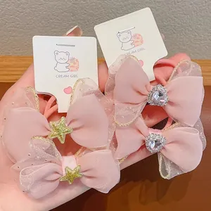 Girls Pink Bow Hair Clips Kids Hairpins Sweet Cherry Embroidery Mesh Bowknot Hair Accessories Princess Headwear For Children