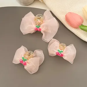 Set of pink organza bow hair clips with cherry embroidery for girls' sweet princess hair
