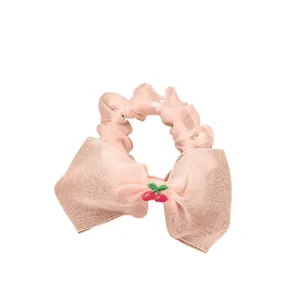 Pink organza bow hair scrunchie with embroidered cherry and small bead accents