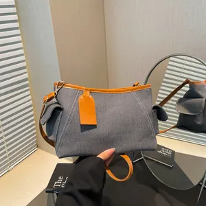 Damen Umhängetasche Denim Stoff Kontrastfarbe Besatz Seitentaschen Casual Pendler Crossbody Tasche Retro Stil Mode Handtasche