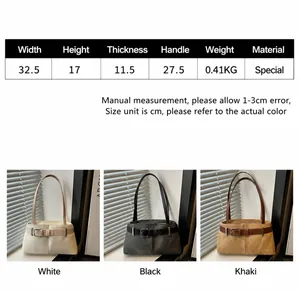 Size chart for chic shoulder bag showing dimensions 32.5x17x11.5cm in white black and khaki