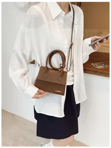 Close-up of a brown mini square handbag featuring a bold round handle and flap closure