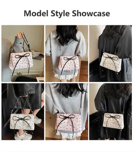Pink and white quilted chain shoulder bags with black bow patterns shown from various angles