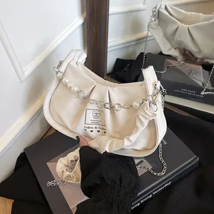 Women Pleated Underarm Bag Ruched PU Leather Shoulder Crossbody Handbag With Artificial Pearl Flower Chain Trendy Square Bag