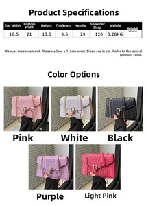 Detailed size chart and dimensions of the minimalist woven chain crossbody bag