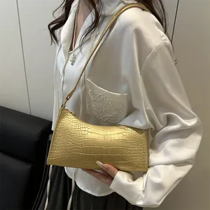 Bolso de hombro dorado con grabado de cocodrilo para mujer con estilo francés minimalista
